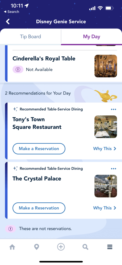 Disney Genie Service on iOS - My Day Screen