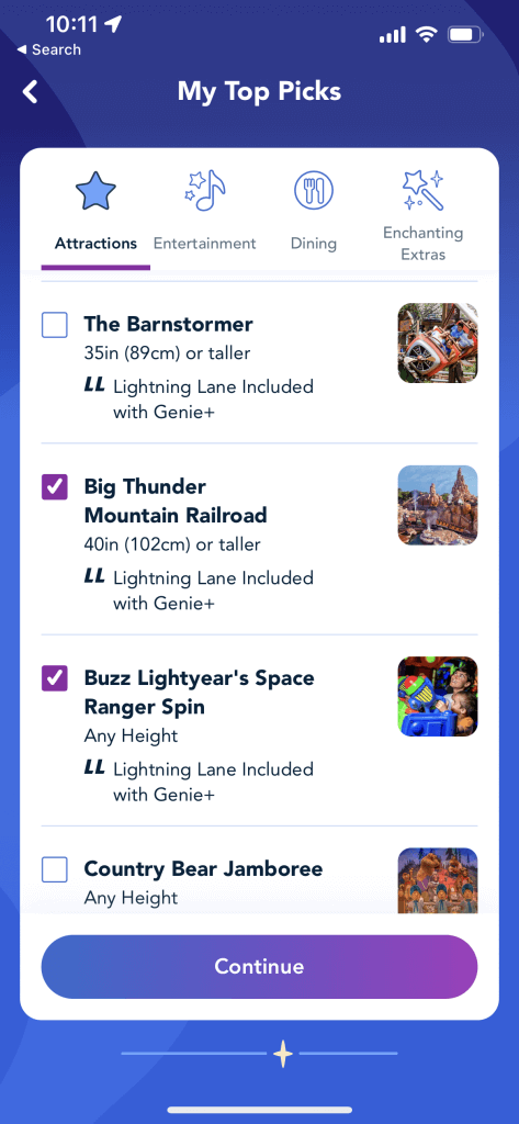 Disney Genie Service on iOS - Selecting Favorite Rides & Attractions