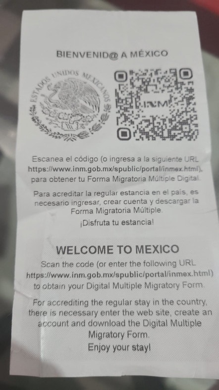 Electronic Passport Control QR Code Receipt at Cancun International Airport