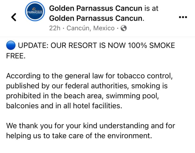 Golden Parnassus Cancun Resort Is Smoke Free