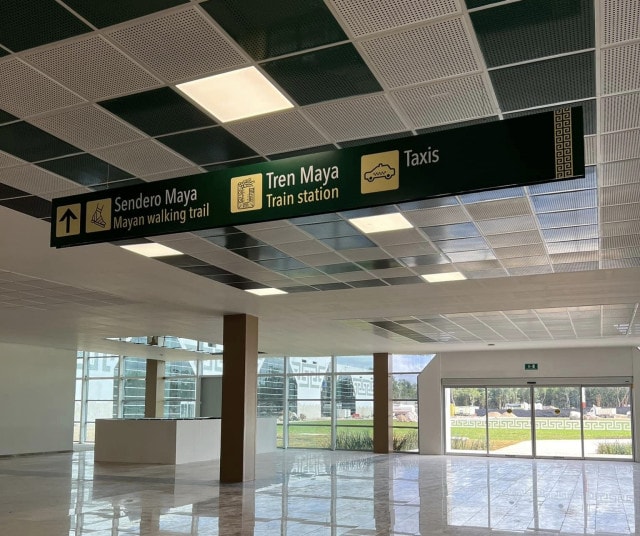 Signs For Taxis & Tren Maya Train at Tulum International Airport