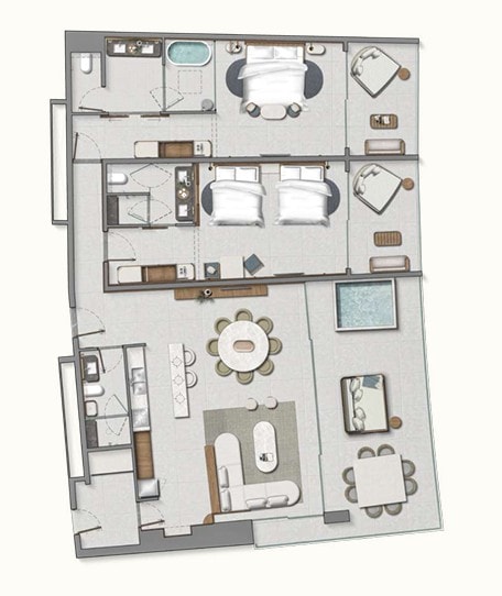 AVA Resort Cancun Room Layouts - Oceanfront Central Suite - 2 Bedroom